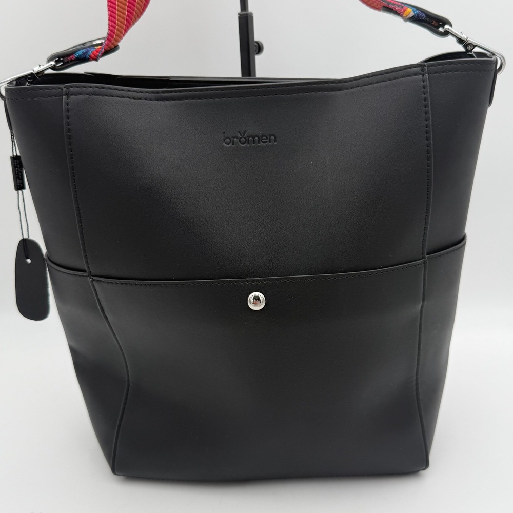 Bromen Black Vegan Leather Bucket Bag with Colorful Geometric Guitar Strap Hobo
